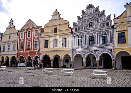 Renaissance- und Barockhäuser, Zachariáš des Hradec-Platzes, Telč, Bezirk Jihlava in der Region Vysočina in der Tschechischen Republik Stockfoto