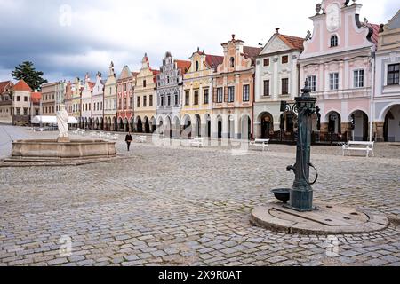 Renaissance- und Barockhäuser, Zachariáš des Hradec-Platzes, Telč, Bezirk Jihlava in der Region Vysočina in der Tschechischen Republik Stockfoto