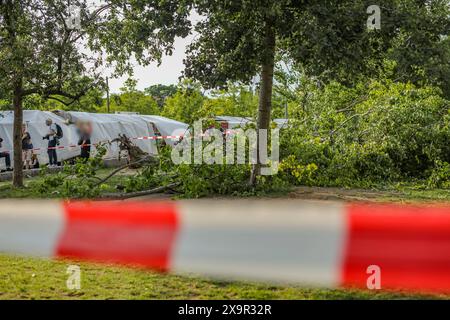 Unwetter in Berlin: Baum stürzt auf Menschenmenge im Mauerpark, am Sonntagnachmittag, dem 2. Juni 2024, stürzte im Berliner Mauerpark ein Baum auf eine Gruppe Menschen. Nach Angaben der Feuerwehr wurden drei Menschen verletzt und müssen ins Krankenhaus gebracht werden. Berlin Berlin Deutschland *** Sturm in Berlin Baum fällt auf Menschenmenge im Mauerpark, am Sonntagnachmittag, 2. Juni 2024, fiel im Berliner Mauerpark ein Baum auf eine Gruppe von Menschen nach Angaben der Feuerwehr wurden drei Personen verletzt und mussten ins Krankenhaus Berlin gebracht werden Stockfoto