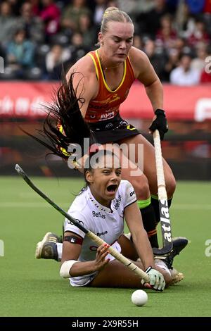 Antwerpen, Belgien. Juni 2024. Die Belgierin Ambre Ballenghien und die Australierin Tatum Stewart, die während eines Eishockeyspiels zwischen Australien und der belgischen Nationalmannschaft Red Panthers zu einem 12/16er Match in der Gruppenphase der FIH Pro League 2024 am Sonntag, den 2. Juni 2024, in Antwerpen gezeigt wurde. BELGA FOTO DIRK WAEM Credit: Belga News Agency/Alamy Live News Stockfoto