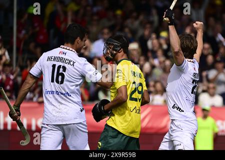 Antwerpen, Belgien. Juni 2024. Der belgische Tom Boon feiert, nachdem er während eines Hockeyspiels zwischen der belgischen Nationalmannschaft Red Lions und Australien ein 12/16er-Match in der Gruppenphase der FIH Pro League 2024 am Sonntag, den 2. Juni 2024, in Antwerpen erzielte. BELGA FOTO DIRK WAEM Credit: Belga News Agency/Alamy Live News Stockfoto