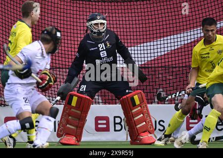 Antwerpen, Belgien. Juni 2024. Belgischer Torhüter Vincent Vanasch, der in Aktion während eines Eishockeyspiels zwischen der belgischen Nationalmannschaft Red Lions und Australien, Spiel 12/16 in der Gruppenphase der FIH Pro League 2024, am Sonntag, den 2. Juni 2024, in Antwerpen zu sehen war. BELGA FOTO DIRK WAEM Credit: Belga News Agency/Alamy Live News Stockfoto