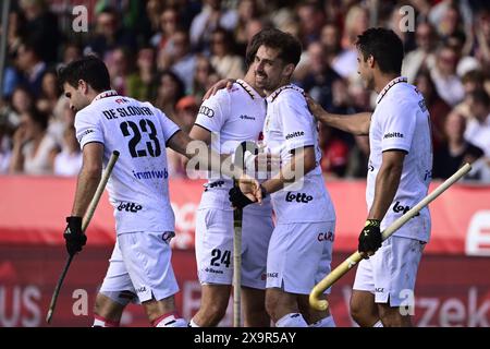 Antwerpen, Belgien. Juni 2024. Der Belgier Florent van Aubel feiert, nachdem er während eines Hockeyspiels zwischen der belgischen Nationalmannschaft Red Lions und Australien ein 12/16-Spiel in der Gruppenphase der FIH Pro League 2024 am Sonntag, den 2. Juni 2024, in Antwerpen erzielt hat. BELGA FOTO DIRK WAEM Credit: Belga News Agency/Alamy Live News Stockfoto