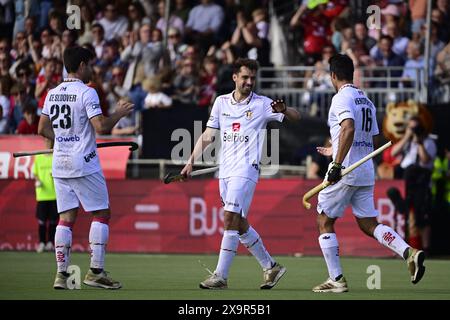 Antwerpen, Belgien. Juni 2024. Der Belgier Florent van Aubel feiert, nachdem er während eines Hockeyspiels zwischen der belgischen Nationalmannschaft Red Lions und Australien ein 12/16-Spiel in der Gruppenphase der FIH Pro League 2024 am Sonntag, den 2. Juni 2024, in Antwerpen erzielt hat. BELGA FOTO DIRK WAEM Credit: Belga News Agency/Alamy Live News Stockfoto