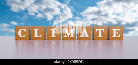 Klima. Klima. Holzwürfel mit weißen Großbuchstaben und das Wort Klima. Bewölkter Himmel hinten. Atmosphäre, Luft, Umgebung, Temperatur, 3D-Il Stockfoto