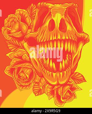 Tyrannosaurus Schädel mit Rosen Vektor-Illustrationsdesign Stock Vektor