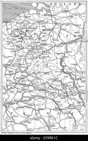 Karte von Europa, die das Ausmaß der Schlachtfelder im Ersten Weltkrieg zeigt. Aus der britischen Kampagne in Frankreich und Flandern von Arthur Conan Doyle, 1915. Stockfoto