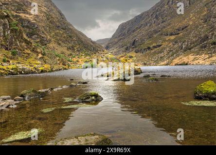 Blick hinunter über ein klares Wasserloch an der Dunloe Gap Stockfoto