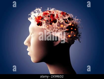 Gesicht von der Seite gesehen. Frau, degenerative Erkrankung. Degenerative Erkrankungen des Gehirns, Parkinson, Synapsen, Neuronen, Alzheimer, Krankheit, Konzept. 3D Stockfoto