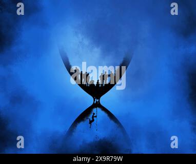Menschen erwarten ihr Schicksal in einer Sanduhr, umgeben von himmlischen Wolken in dieser 3D-Illustration. Stockfoto