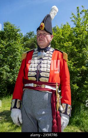 Chalfont, Großbritannien. 2. Juni 2024. Ein Captain of the Royal Engineers Re-Enactor nimmt am Napoleonischen Wochenende zur Lebendigen Geschichte im Chiltern Open Air Museum (COAM) Teil. Rund 100 Reenactor der Napoleonic Association erwecken die Militärlager von Wellington, Blucher und Napoleons Armeen zum Leben. COAM erzählt die Geschichte der Chilterns Area durch die Erhaltung historischer Gebäude, Landschaften und Kultur. Quelle: Stephen Chung / Alamy Live News Stockfoto