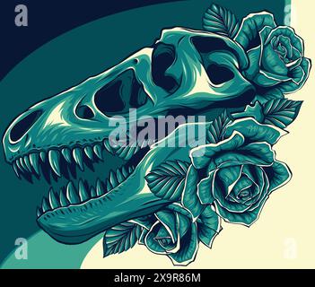 Tyrannosaurus Schädel mit Rosen Vektor-Illustration Design Tattoo Stock Vektor