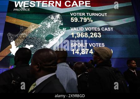 Midrand, Südafrika. Juni 2024. Beobachter, Politiker und Journalist reagieren auf eine Darstellung der Abstimmungszahlen, während der IEC-Vorsitzende Mosotho Moepya die Abstimmungsergebnisse der Südafrikanischen Nationalwahlen 2024 während der IEC (Wahlkommission Südafrikas) enthüllt. Programm zur Bekanntgabe der Ergebnisse der Wahlen 2024 für Südafrika am 2. Juni 2024 in Midrand, Südafrika. Der ANC, das langjährige Regierungsorgan in Südafrika, verlor zum ersten Mal seit Beginn der Demokratie vor 30 Jahren im Jahr 1994 seine absolute Mehrheit im Land. Quelle: UPI/Alamy Live News Stockfoto