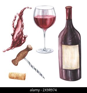 Handgezeichnete Aquarellillustration der Weinflasche, der Traube, des geschnittenen Käses und eines Glases Rotwein. Zeichnung isoliert auf weißem Hintergrund. Wein Stockfoto