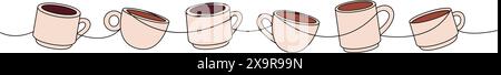 Kaffeetassen eine Linie farbige durchgehende Zeichnung. Handgezeichnete Elemente für Coffee Shop. Lineare Vektordarstellung. Stock Vektor