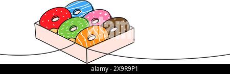 Glasierte Donuts in Box, einzeilige durchgehende Zeichnung. Bäckerei, süßes Gebäck. Lineare Vektordarstellung. Stock Vektor