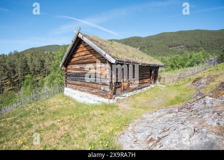 Das Nordfjord Museum of Cultural History verfügt über eine Reihe erhaltener hölzerner Objekte aus einer anderen Zeit, von denen viele über Grasdächer verfügen. Stockfoto