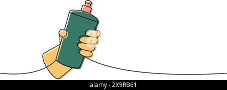 Hand mit antibakteriellem Spray, einzeilige, durchgehende Zeichnung. Durchgehende Darstellung der Reinigungswerkzeuge in einer Zeile. Vektorabbildung. Stock Vektor