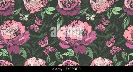 Blumenmuster. Pfingstrosen nahtloses Muster mit Schmetterlingen. Dunkler Hintergrund. 90er-Jahre-STYLE. Handzeichnung. Nicht AI, Vektorillustration Stock Vektor