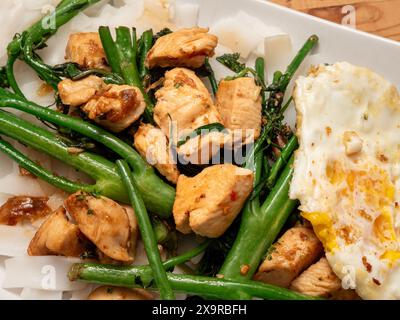 Eine Nahaufnahme eines weißen Tellers, der mit einem asiatischen Pfannenbraten überflutet wird: Knuspriges Huhn, lebhafter Brokkolini, ein perfekt Spiegelei und breite, verführerische Nudeln. Stockfoto