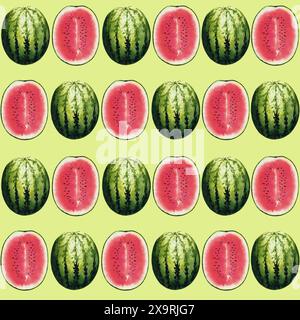 Wassermelonen nahtloses Muster, handgezeichnete Aquarellillustration isoliert auf grünem Hintergrund. Für die Gestaltung von Sommerpostkarten, Grußkarten Stockfoto