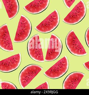 Wassermelonen nahtloses Muster, handgezeichnete Aquarellillustration isoliert auf grünem Hintergrund. Für die Gestaltung von Sommerpostkarten, Grußkarten Stockfoto