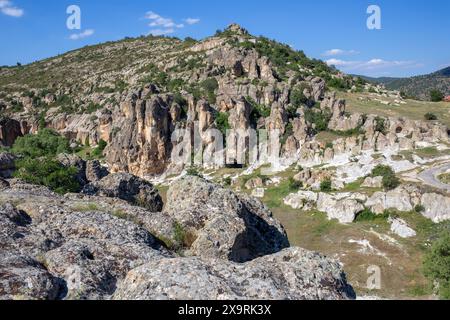 1. Juni 2024: Afyonkarahisay, Türkei, 1. Juni 2024: Blick auf die Wohngebiete, Gräber und Kapellen aus dem Grundgestein im Dorf Ayazini im Phrygianischen Tal. Die Region, die zwischen 900 und 600 v. Chr. von den Phrygern bewohnt wurde, ist definiert als die bergige Siedlung Phrygia Epictetus, Little Phrygia, im Dreieck Kutahya, Afyonkarahisar und Eskisehir und ist heute als Phrygisches Tal bekannt. (Kreditbild: © Tolga Ildun/ZUMA Press Wire) NUR REDAKTIONELLE VERWENDUNG! Nicht für kommerzielle ZWECKE! Stockfoto