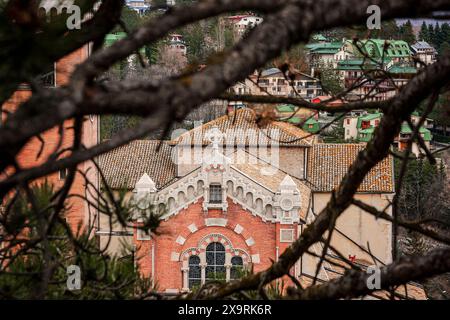 Die Fassade der Basilika San Nicola in Rivisondoli umrahmt von Baumästen Stockfoto