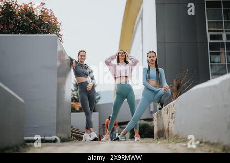 Drei junge Frauen in stylischer Sportbekleidung, die beim urbanen Workout neue Energie tanken Stockfoto