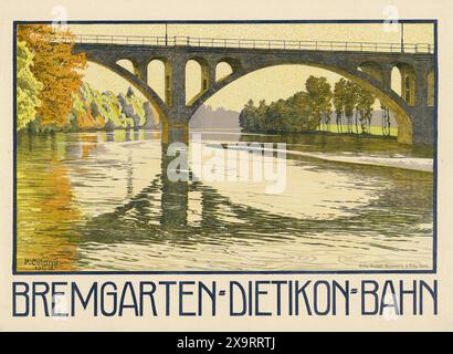 Vintage-Schweizer Reiseplakat: Bahnstrecke Bremgarten-Dietikon mit historischer Brücke über den Fluss. Von Plinio Colombi um 1912 Stockfoto