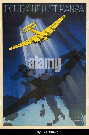 Deutsches Vintage-Reiseplakat: Deutsche Luft Hansa Airlines, von Jupp Wiertz 1933. Zeigt ein Flugzeug, das über die Karte von Europa fliegt. Stockfoto