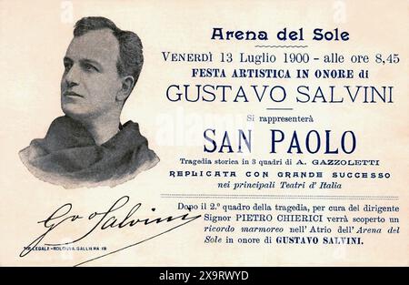 1900 , 13 . juli , BOLOGNA , ITALIEN : der italienische Schauspieler GUSTAVO SALVINI ( 1859 - 1930 ) , Sohn des berühmten Schauspielers Tommaso Salvini ( 1829 - 1915 ) . Pubblicitary Flyer für seine Matinée-Aufführung im Stück SAN PAOLO von A. Gazzoletti in der Theatre Arena del Sole , signiert von Salvini selbst. Unbekannter Fotograf. - GESCHICHTE - Foto STORICHE - PORTRÄT - RITRATTO - TEATRO - THEATER - attore teatrale - ITALIA - BOLOGNA - Autograf - Firma - Signatur - Volantino - ARCHIVIO GBB Stockfoto