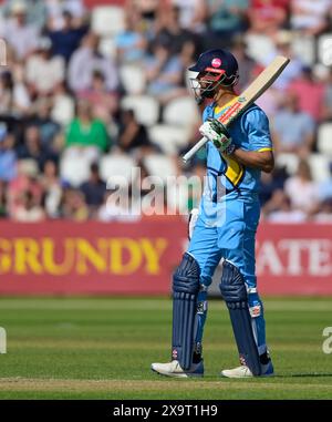 NORTHAMPTON, GROSSBRITANNIEN. Juni 2024. SHAN MASOOD of Yorkshire T20 Vitality Blast Spiel zwischen Northamptonshire Steelbacks und Yorkshire Vikings im County Ground in Northampton, England Credit: PATRICK ANTHONISZ/Alamy Live News Stockfoto