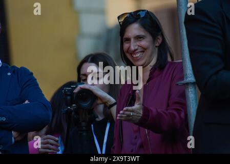 Rom, Italien. Juni 2024. Elly Schlein nimmt an einem politischen Treffen Teil, das von der Partito Democratico (Demokratische Partei) für die bevorstehenden Europawahlen organisiert wird. (Foto: Vincenzo Nuzzolese/SOPA Images/SIPA USA) Credit: SIPA USA/Alamy Live News Stockfoto