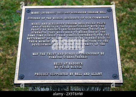 Alexander Graham Bell und seine Frau Mabel (Hubbard) Bell Plaque in Baddeck, Nova Scotia, Kanada Stockfoto