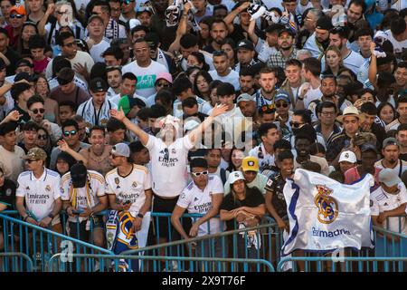 Madrid, Spanien. Juni 2024. Real Madrid Fans feiern auf dem Cibeles Platz während der Real Madrid UEFA Champions League Trophy Parade. Real Madrid gewann den 15. UEFA Champions League Cup, nachdem er Borussia Dortmund 2-0 im Champions-League-Finale im Londoner Wembley-Stadion besiegt hatte. Quelle: Marcos del Mazo/Alamy Live News Stockfoto