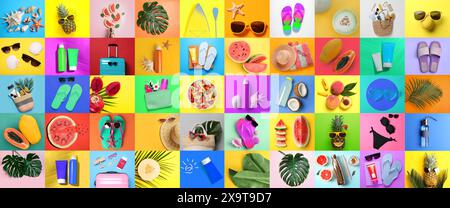 Collage mit Strandaccessoires und anderen Sommersachen, Bannerdesign Stockfoto