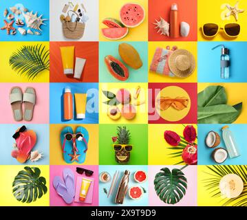 Bunte Collage mit Strandaccessoires und anderen Sommersachen Stockfoto