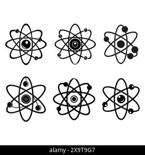 Atom-Symbolsatz. Symbole für Atomstruktur. Wissenschaft und Technologie. Vektorabbildungen. Stock Vektor