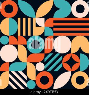 Abstraktes nahtloses geometrisches Muster im Bauhaus-Stil mit leuchtenden Farben auf schwarzem Hintergrund Stock Vektor