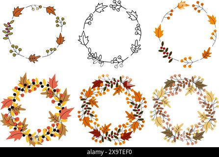 Runde Kränze aus Herbstblättern und Beerenzweigen einfache und üppige Borte Set von 6 Vorlagen Kopierraum isolieren EPS Vektorkarten, Poster, Banner, Broschüren, Preisanhänger, Label oder Web, Design-Idee mit Schriftzügen Stock Vektor