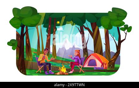 Campingzeit im Wald am Fuße der Berge. Karikaturvektor-Illustration des jungen Paares, das auf Stühlen in der Nähe von Lagerfeuer und Zelt sitzt. Sommerurlaub oder Picknick mit Mann und Frau im Gespräch. Stock Vektor