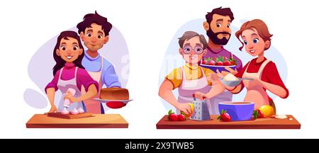 Familienkochen zusammen. Junge Paare bereiten Kuchen und Vater, Mutter und Sohn machen Erdbeerdessert. Zeichentrickvektor-Illustration Set von Menschen in Schürze kochen Süßwaren für Frühstück oder Abendessen Stock Vektor