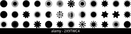 Schwarze leere Aufkleber – Promo-Set. Sammlung von flachen Starburst, Verkaufs- oder Preisschild, Qualitätskennzeichen Design, Retro-Rabattabzeichen, Sunray Promotion Stock Vektor