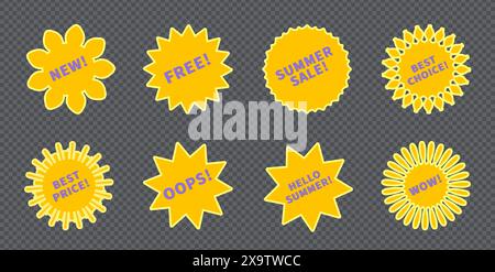 Promo-Set mit gelben Aufklebern. Vektor-Sammlung von flachen Starburst mit Promotion Text Oops, kostenlos, Sommerverkauf, wow, bester Preis, Auswahl, neu. Retro 70s oder Stock Vektor
