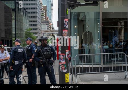 NEW YORK, NEW YORK - 02. JUNI: Aufkleber mit Fotos einer Geisel, die von der Hamas gehalten wird, auf Lichtmasten, Zäunen und Schildern entlang der Paraderoute auf der Fifth Avenue während der jährlichen Feiern-Israel-Parade am 2. Juni 2024 in New York City. Zehntausende von Menschen marschierten während einer Parade für Israel auf die Fünfte Avenue, wobei viele zur Freilassung von Geiseln, die von der Hamas in Gaza festgehalten wurden, aufriefen: "Bring sie nach Hause", eine Botschaft, die laut und deutlich ertönte. Die Parade fand fast acht Monate nach dem beispiellosen Angriff der Hamas am 7. Oktober statt, dem tödlichsten in der Geschichte Israels. Das NYPD erhöhte die Sicherheit für die Parade du Stockfoto