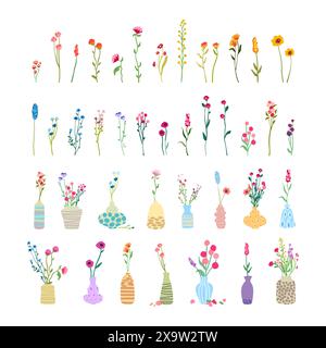 Großer Satz von zarten anmutigen Wildblumen Vase hohe Stiele Laub einfache florale Elemente Wilde Pflanzen isolierter weißer Hintergrund flache Vektor-Illustration niedlich Stock Vektor