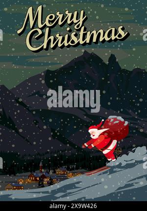 Poster Frohe Weihnachten Santa Claus Skifahren im Skigebiet Snow Mountains Stock Vektor