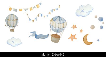 Set Vintage Heißluftballons, Girlanden, Bänder, Fahnen. Sterne, Mond, Wolken. Aquarellabbildung. In Beige, Blautönen. Für Kinderzimmer, Rahmen Stockfoto