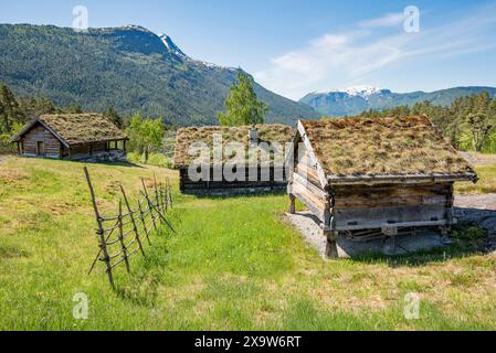 Das Nordfjord Museum of Cultural History verfügt über eine Reihe erhaltener hölzerner Objekte aus einer anderen Zeit, von denen viele über Grasdächer verfügen. Stockfoto